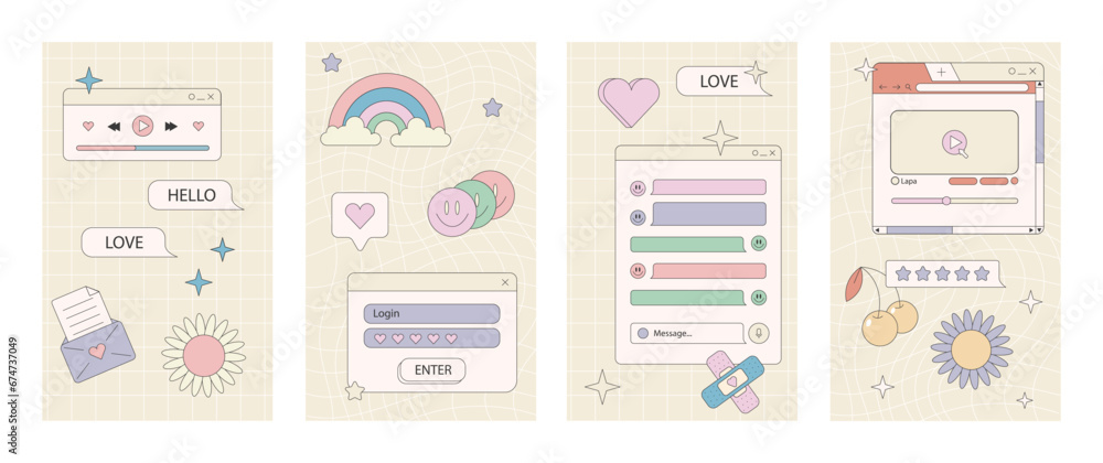 Poster stories or post template, retro browser computer window in 90s vaporwave with geek stickers. y2k aes