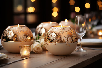 large elements for decorating and serving a festive table in white and gold tones and round candlesticks