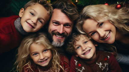 Fototapeta premium A joyful group of children and a man lying head to head in a circle and smiling