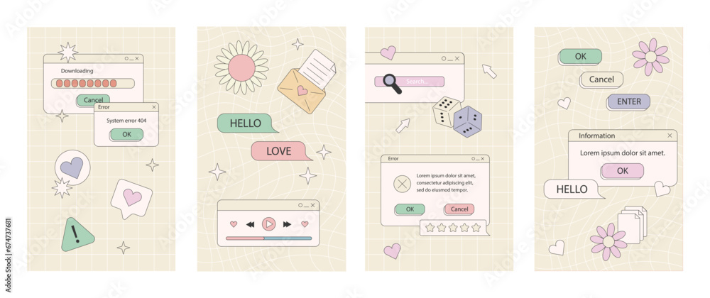 Fototapete retro cartoon banner set geometric frames in 90s memphis style user interface elements icons browser