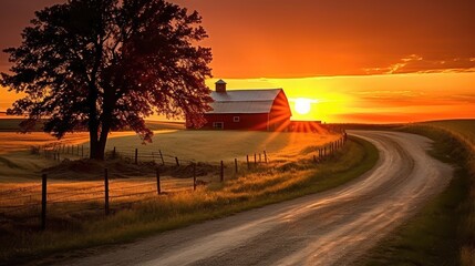 Fototapeta premium outdoor sunshine evening country landscape illustration nature sun, meadow sun, morning sky outdoor sunshine evening country landscape