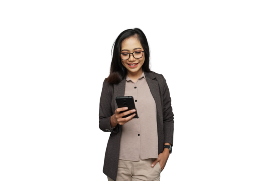 Beautiful Young Asian Businesswoman Using Phone Cutout Isolated Background