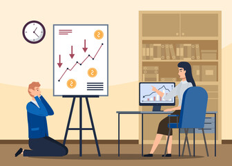 Financial crisis, business failure, economy crash, bankruptcy unpaid loan debt. Down arrow, negative chart, man upset about losing profits. Global economic money problem, depressed entrepreneur