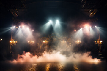 Theater stage or concert stage with thin smoke illuminated with spotlights. Generative AI