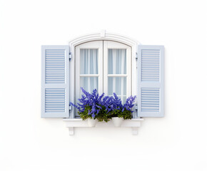 Vintage Window with Pale Blue Shutters and Flower Pots in a Mediterranean Style, Set Against a White Wall