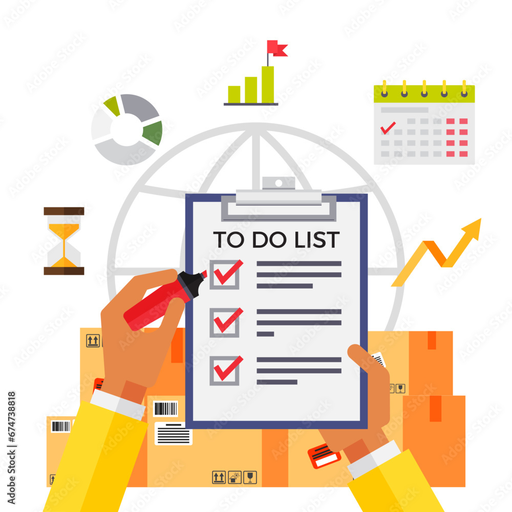 Poster to do list or planning in delivery service. hands holding clipboard with checklist with checkmarks a