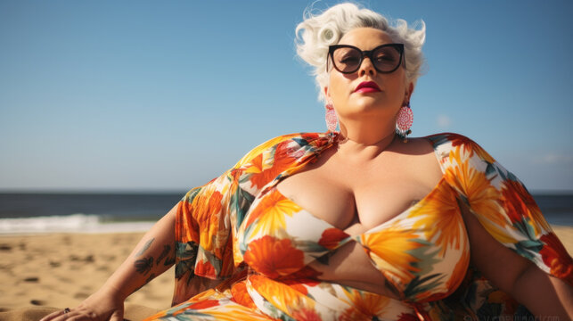 body positive, plus size woman enjoys summer day at the beach