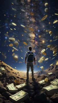 a man with a backpack stands on top of a mountain of physical money, while looking up at the sky full of digital currencies . concept entrepreneur, confidence, business person, money,bitcoin