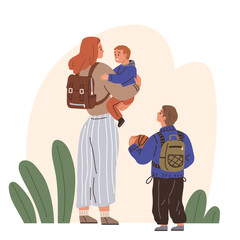 Mother and little children walking together outdoors, mom taking daughter and son to kindergarten motherhood happy family. Mother leads, taking her child with backpack on her shoulders to school