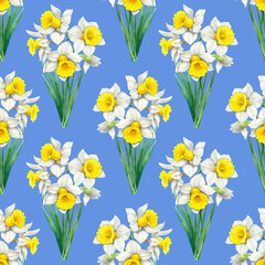 Seamless pattern of watercolor daffodils flowers bouquet. Hand drawn illustration. Botanical hand painted floral elements on light blue background.