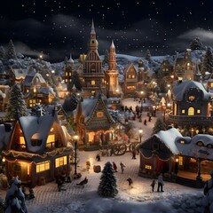 Christmas and New Year holidays background. Little town with Christmas tree and decorations.