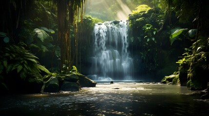 Panorama of a waterfall in a tropical rainforest. Panorama