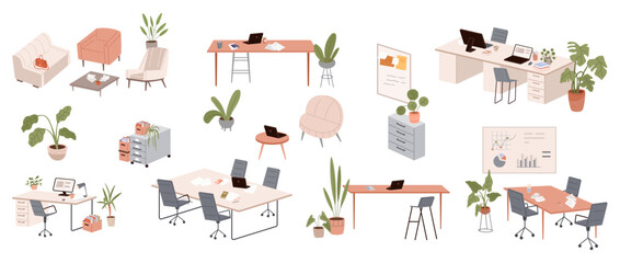 Design of modern empty office working place desk, chair, computer, plants in pot. Coworking space interior scenes set. Workplace of employees, open office. Work table with interior elements