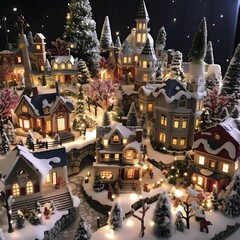 Christmas and New Year miniature village with snow and trees at night.