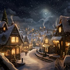 Snowy village at night. Christmas and New Year concept. 3D Rendering