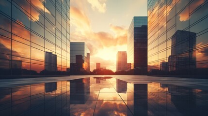 Modern office building or business center. High-rise window buildings made of glass reflect the clouds and the sunset. empty street outside  wall modernity civilization. growing up business - obrazy, fototapety, plakaty
