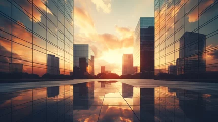 Deurstickers Modern office building or business center. High-rise window buildings made of glass reflect the clouds and the sunset. empty street outside  wall modernity civilization. growing up business © pinkrabbit