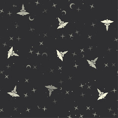 Seamless pattern with stars, caduceus symbols on black background. Night sky. Vector illustration on black background