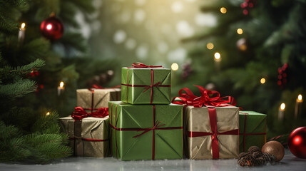 A composition of boxes in festive wrapping, nestled among holly berries and spruce branches on a green backdrop, greetings scene, green backdrop, blurred background