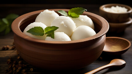 In a bowl full of famous Indian Bengali sweet rasgulla. Popular dessert in the form of chhena dumplings cooked in sugar syrup in a clay bowl. - obrazy, fototapety, plakaty