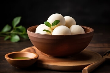 In a bowl full of famous Indian Bengali sweet rasgulla. Popular dessert in the form of chhena dumplings cooked in sugar syrup in a clay bowl. - obrazy, fototapety, plakaty
