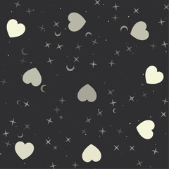 Seamless pattern with stars, hearts on black background. Night sky. Vector illustration on black background