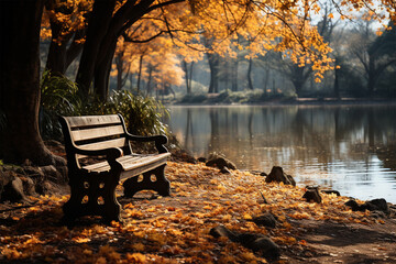 bench under a tree near the Picturesque Lake, autumn trees, idyll and silence.