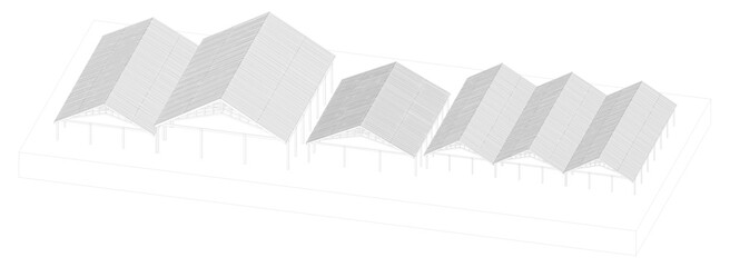 row of warehouses with corrugated iron roof structures and wooden frames.
illustrates the traditional brick production area of Southeast Asia with perspective lines art for architecture student 2 - obrazy, fototapety, plakaty