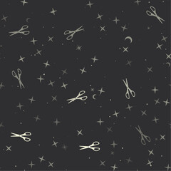 Seamless pattern with stars, scissors symbols on black background. Night sky. Vector illustration on black background