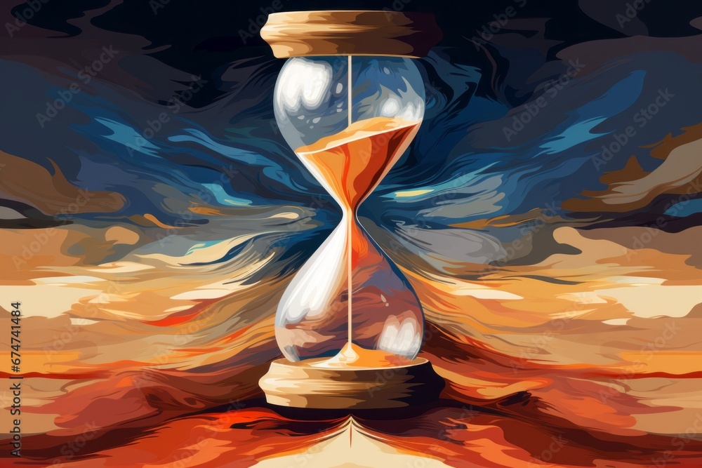 Poster An abstract pixelated digital illusion of a pixelated hourglass with sand grains pixelated into flowing streams, symbolizing the passage of time.