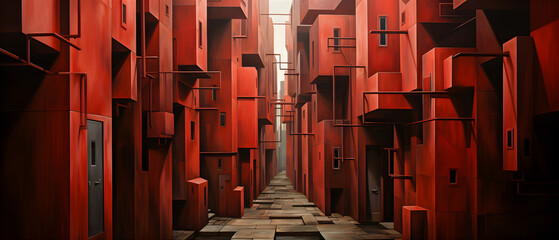 Streets Of A Futuristic Red City With Red Cubic Houses. Illustration On The Theme Of Architecture And Interiors, Design And Furniture. Generative AI