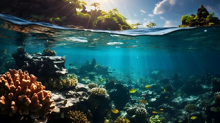 Underwater panorama of coral reef and tropical fishes. Seascape
