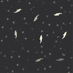 Seamless pattern with stars, dolphin symbols on black background. Night sky. Vector illustration on black background
