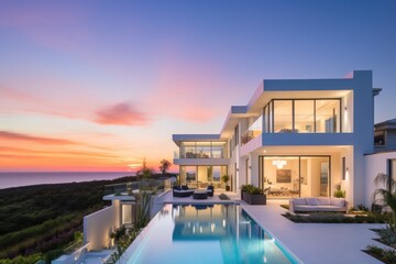 A Majestic White Mansion Surrounded by a Serene Pool and Lush Landscape - obrazy, fototapety, plakaty