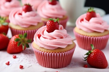 Vanilla cupcakes with strawberry frosting cottage cheese cream - Powered by Adobe