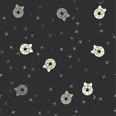 Seamless pattern with stars, christmas wreath symbols on black background. Night sky. Vector illustration on black background