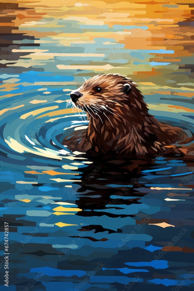 Poster a pixelated mosaic of a playful river otter swimming in a pixelated stream.