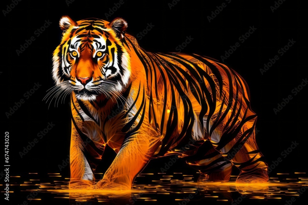 Poster a pixelated digital illusion of a majestic tiger, its pixelated stripes creating a mesmerizing patte