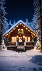 A Festive Cabin With Lights And Decorations Surrounded By A Snowy Landscape At Night.