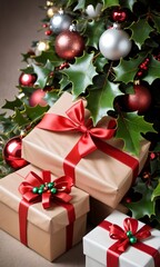 Obraz na płótnie Canvas Photo Of Christmas Pile Of Gifts Beneath A Mistletoe