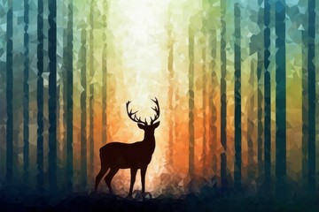 A pixelated mosaic of a serene forest scene with pixelated deer grazing among pixelated trees.