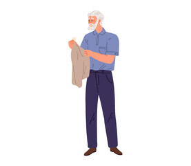 Clothing and garment care concept. Elderly man washing, laundrying clothes. Male character holding laundry, fabric isolated on white background. Time for professional apparel washing, housekeping