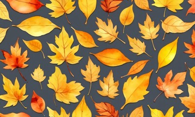 Autumn Yellow Leaves Seamless Watercolor Pattern.
