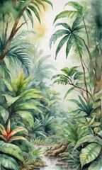 Watercolor Drawing Of A Tropical Rainforest.