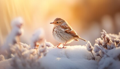 Delicate avian beauty perched on frost kissed branch in serene winter scene of snowy christmas park