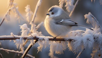 Adorable avian perched on frosty branch in serene winter wonderland, embodying holiday spirit. - obrazy, fototapety, plakaty