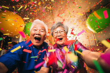 Obraz na płótnie Canvas Generative ai senior asiatic couple partying celebrating