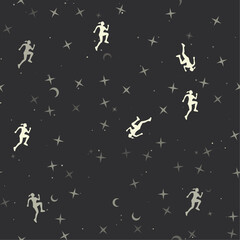 Seamless pattern with stars, running woman symbols on black background. Night sky. Vector illustration on black background