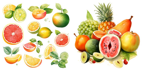 Vibrant Watercolor Assortment of Tropical and Citrus Fruits Illustration