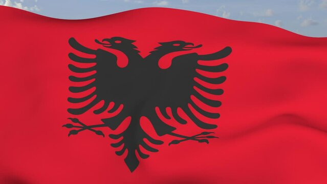 Loop der Albanien Fahne wehend im Wind als Nahaufnahme 4K